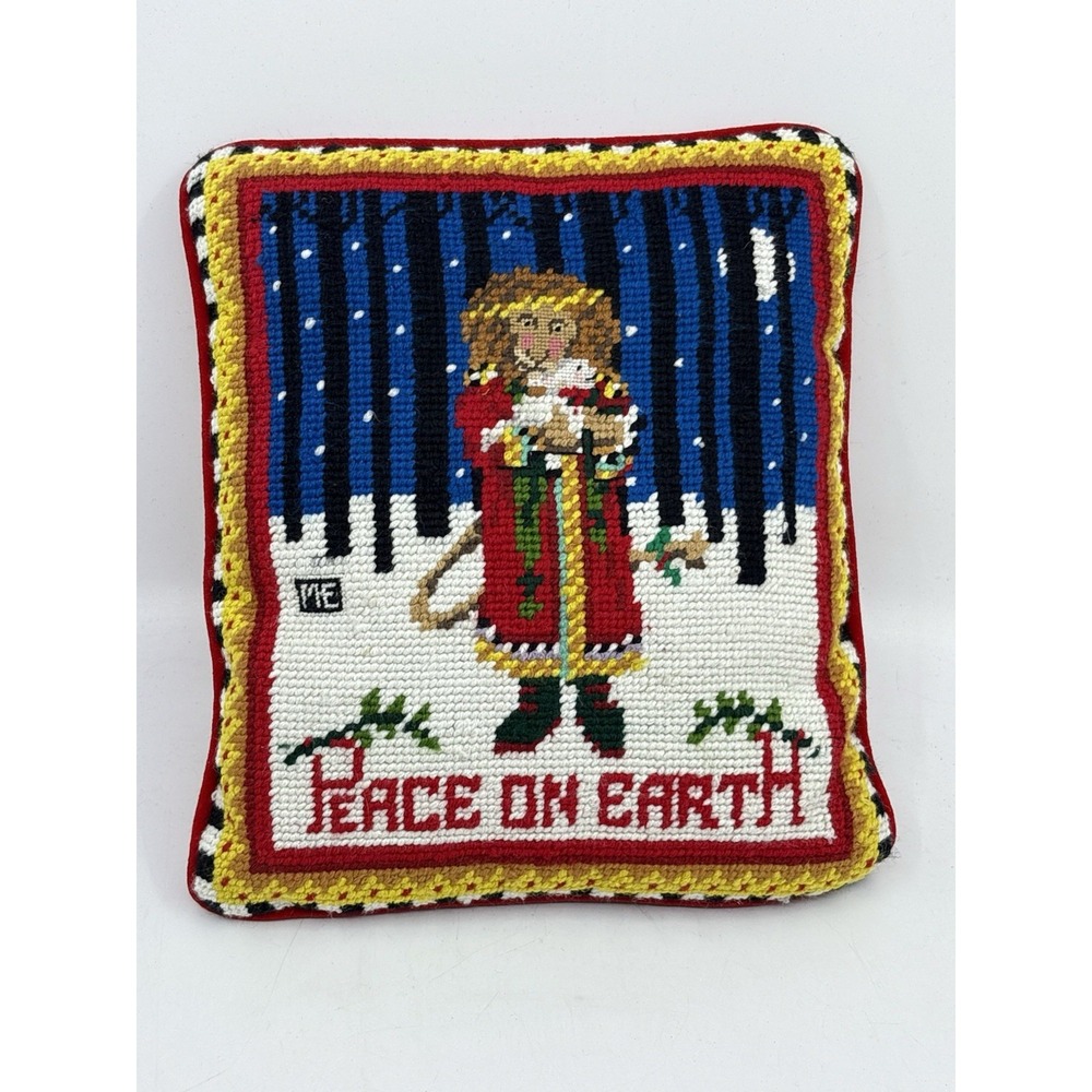 Vintage Mackenzie child's Style Needlepoint Lion Christmas Pillow